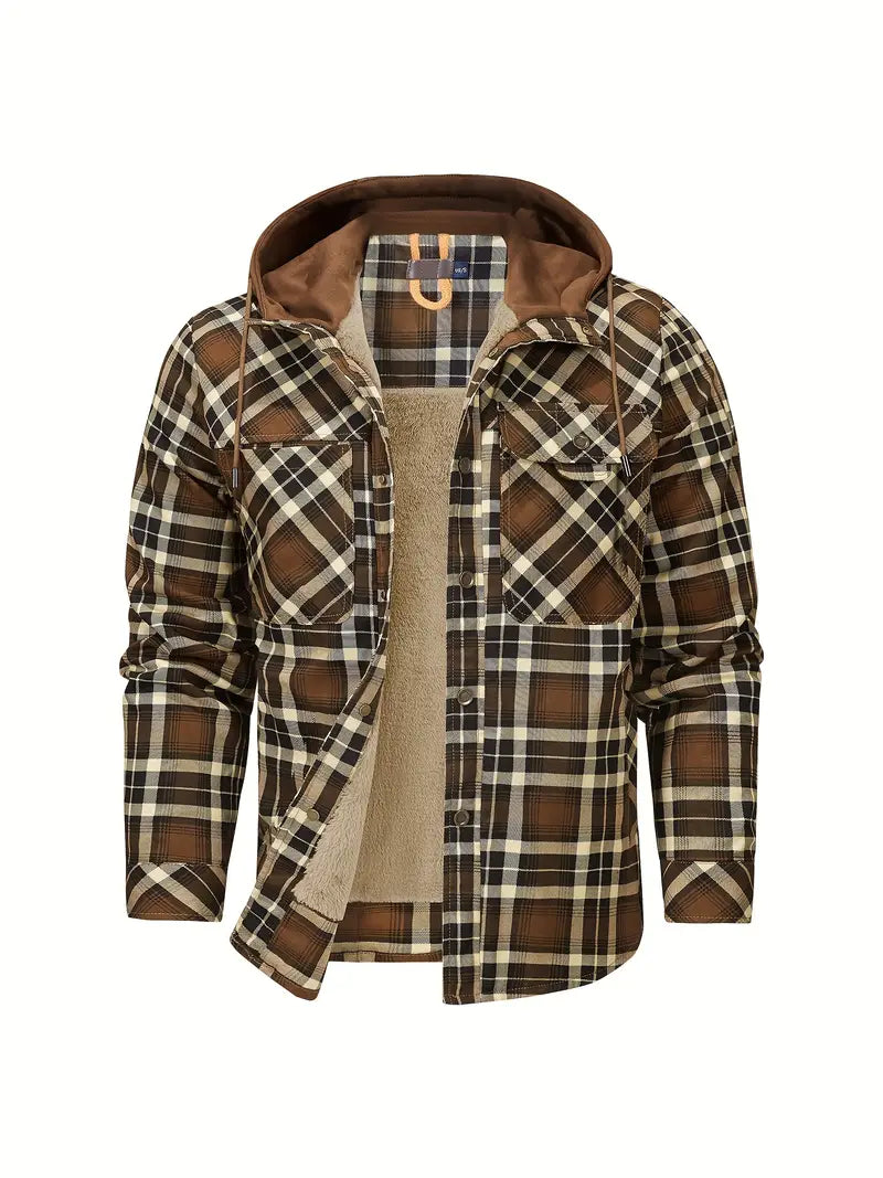 Men's Check Hooded Shirt Jacket – Fleece Lined, Relaxed Fit