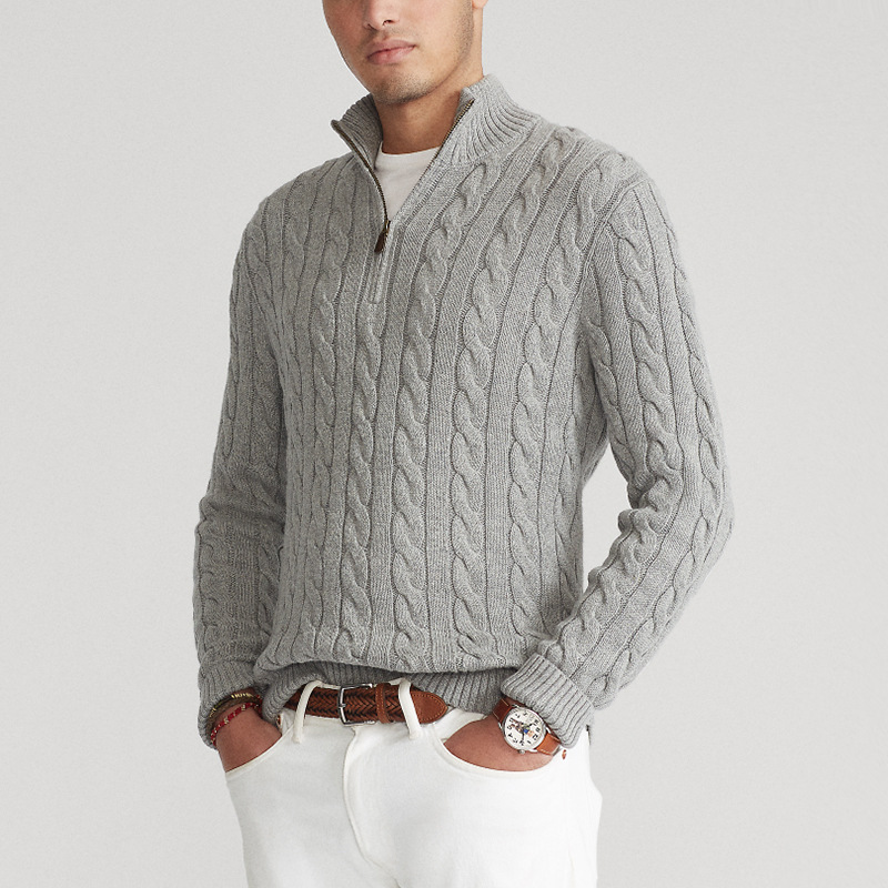 Men's Half Zip Jumper – Cable Knit Cotton, High Collar