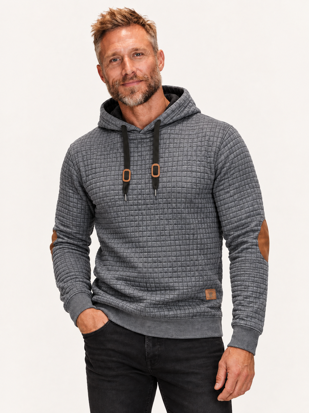 Men's Quilted Hoodie – Suede-Look Elbow Patches, Regular Fit