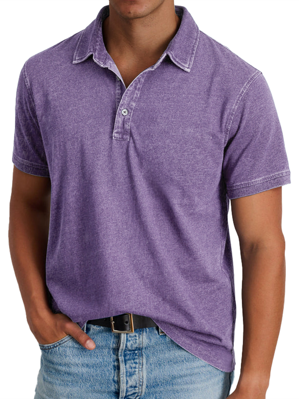 Men's Denim Look Polo Shirt – Faded Finish, Button Placket