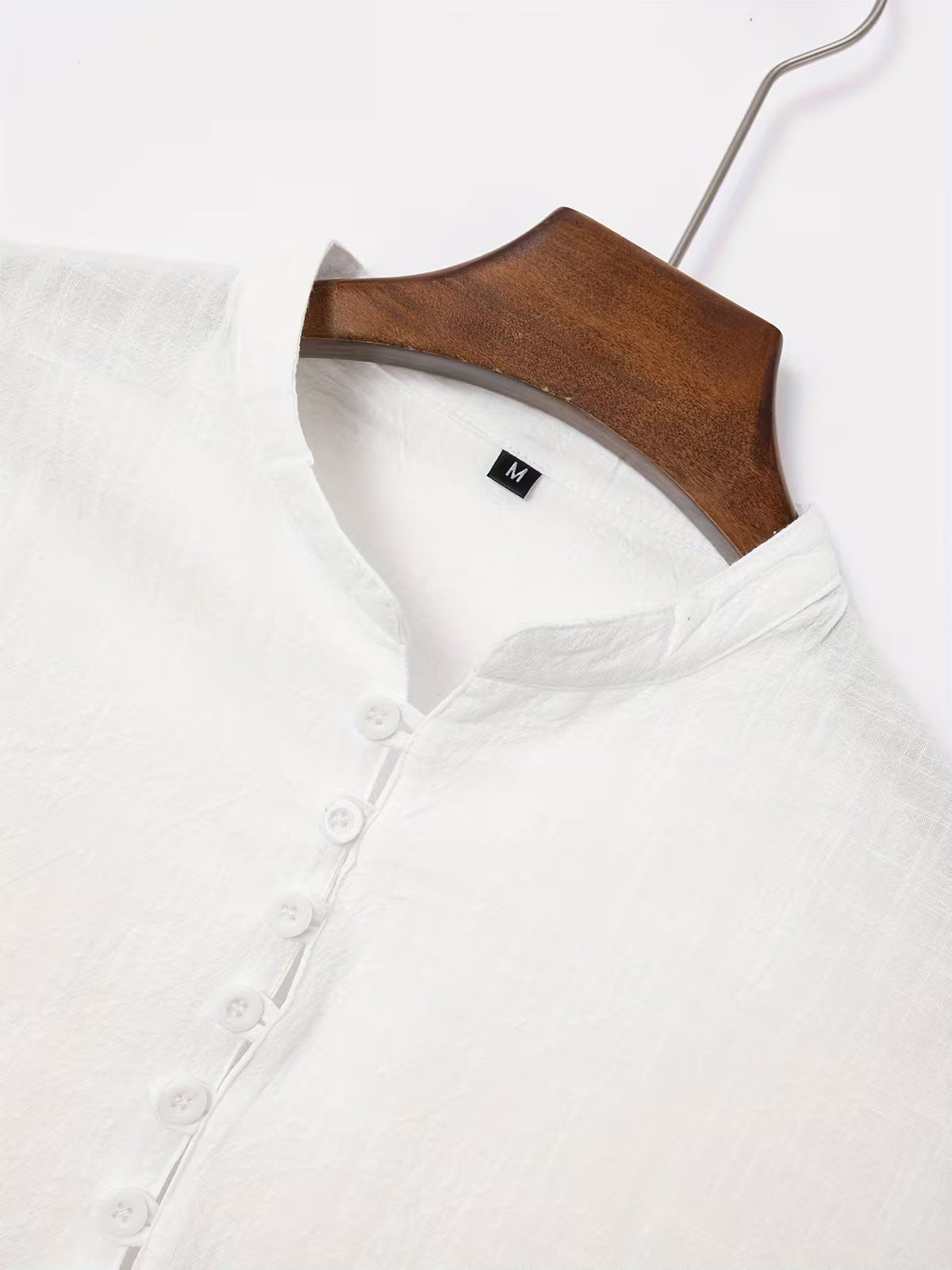 Men's Short Sleeve Grandad Collar Shirt – Linen Look, Relaxed Fit