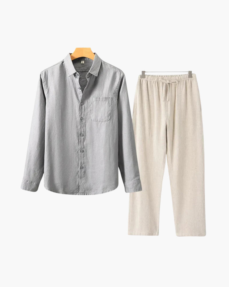 Men's Linen Shirt & Trousers Set – Long Sleeve, Regular Fit