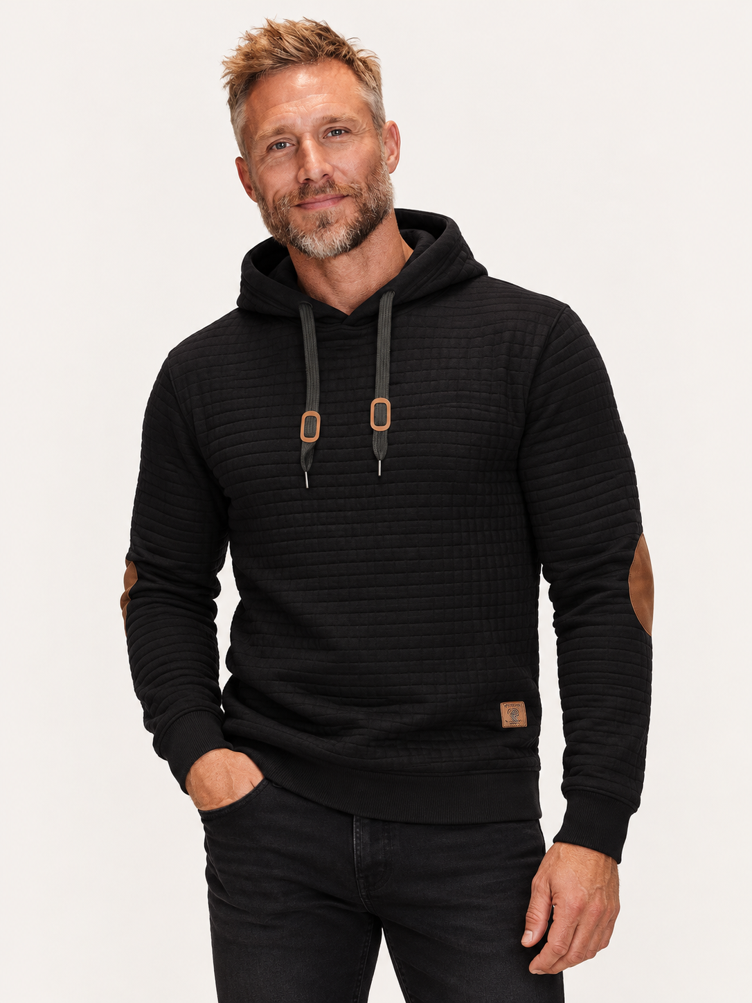 Men's Quilted Hoodie – Suede-Look Elbow Patches, Regular Fit