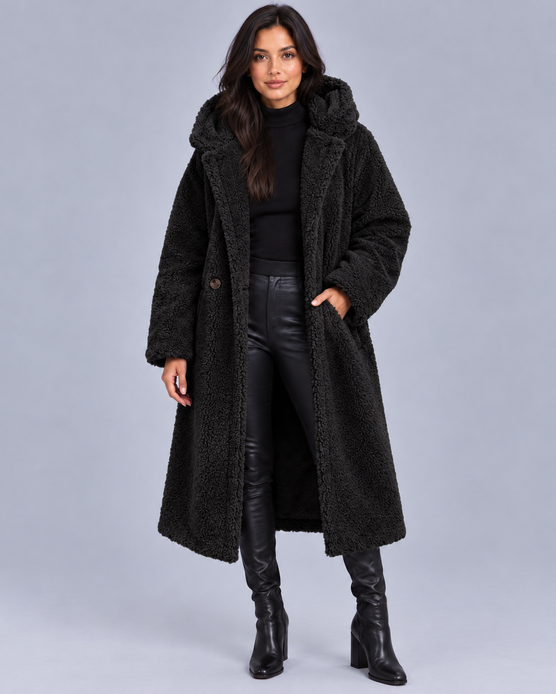 Women's Oversized Longline Hooded Teddy Coat