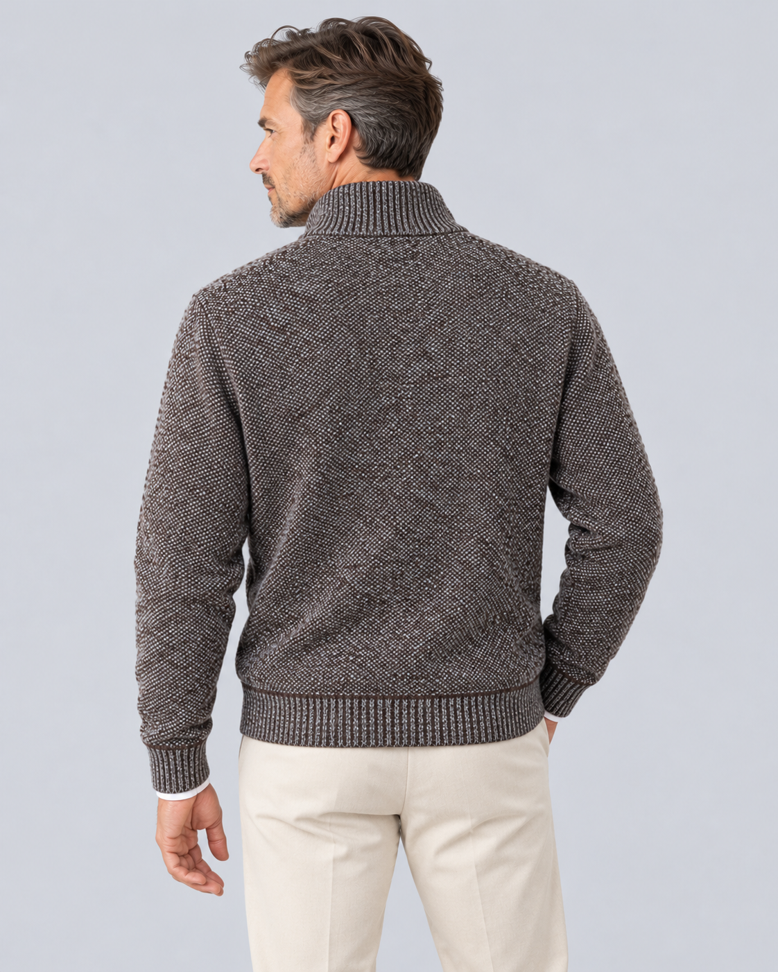 Men's Knitted Quarter Zip Jumper in Textured Polyester – Zip Stand Collar, Ribbed Cuffs & Hem