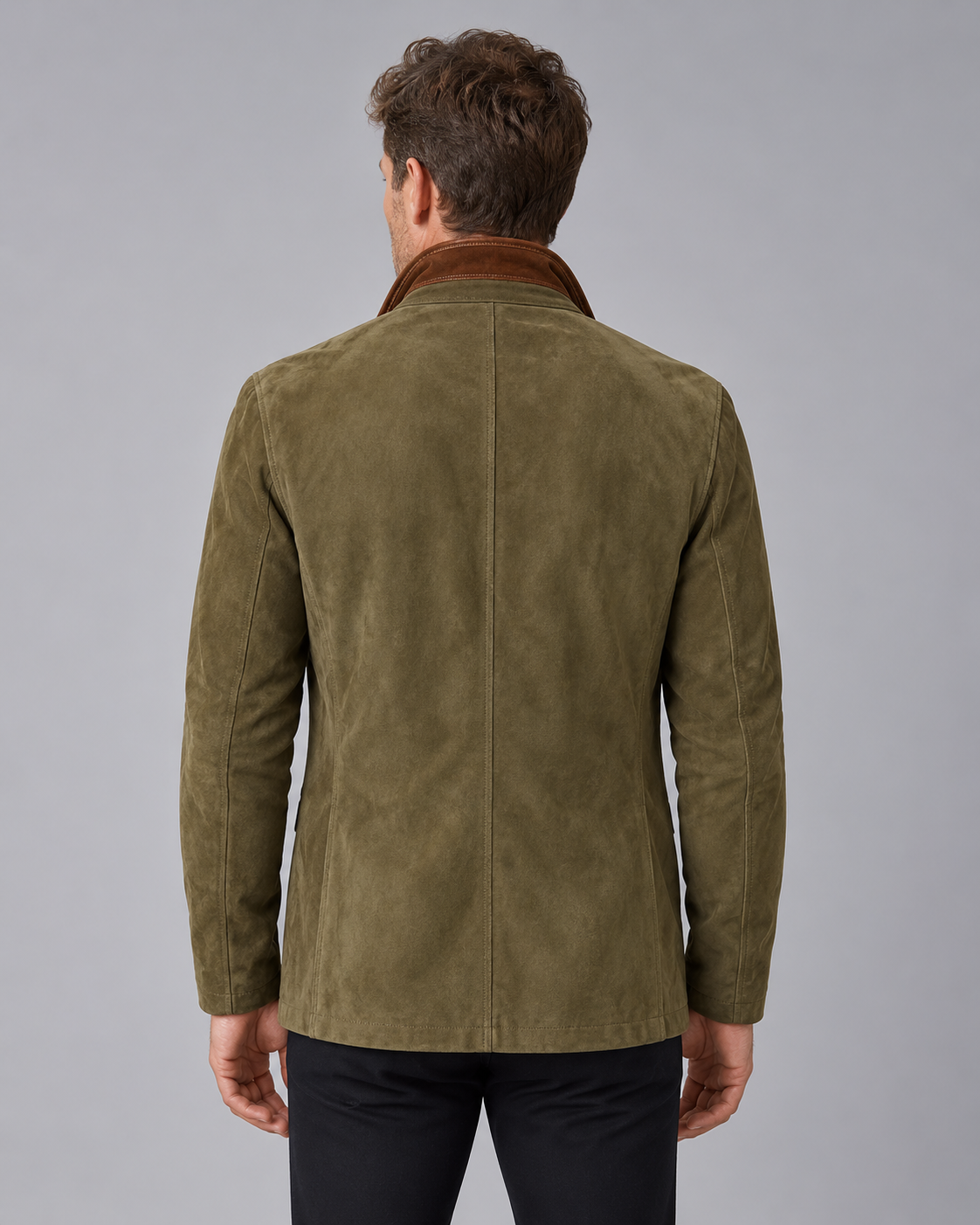 Men's Suede Blazer Jacket – Three-Button Front, Layered Stand Collar with Zip Insert, Contrast Trim