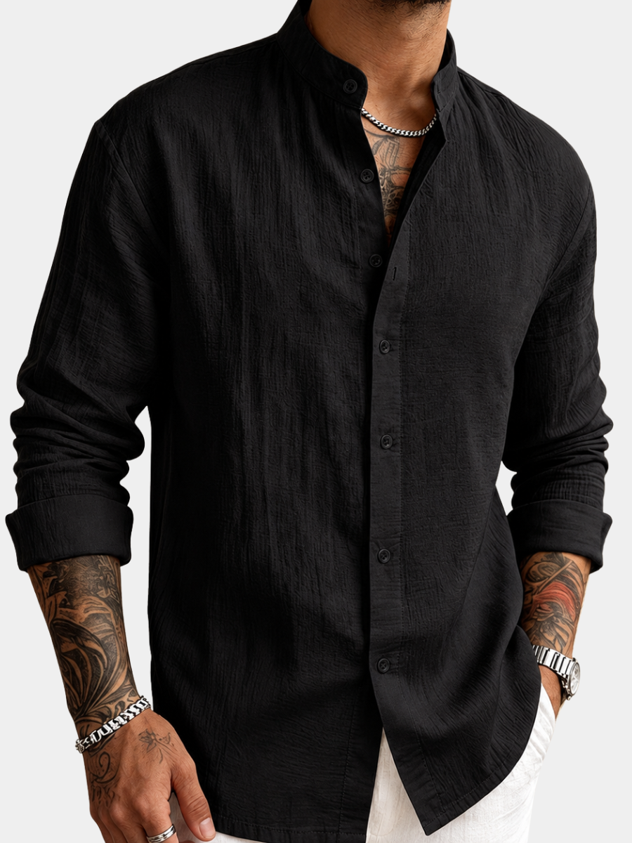 Men's Cotton Linen Shirt – Band Collar, Crinkle Weave, Relaxed Fit