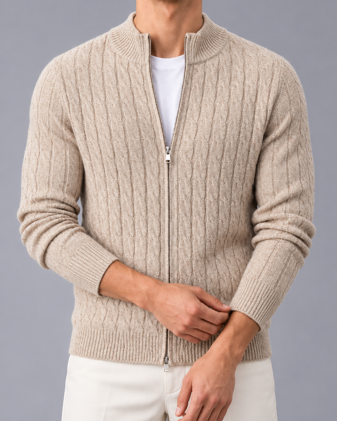 Men's Cable Knit Zip Cardigan – Stand Collar
