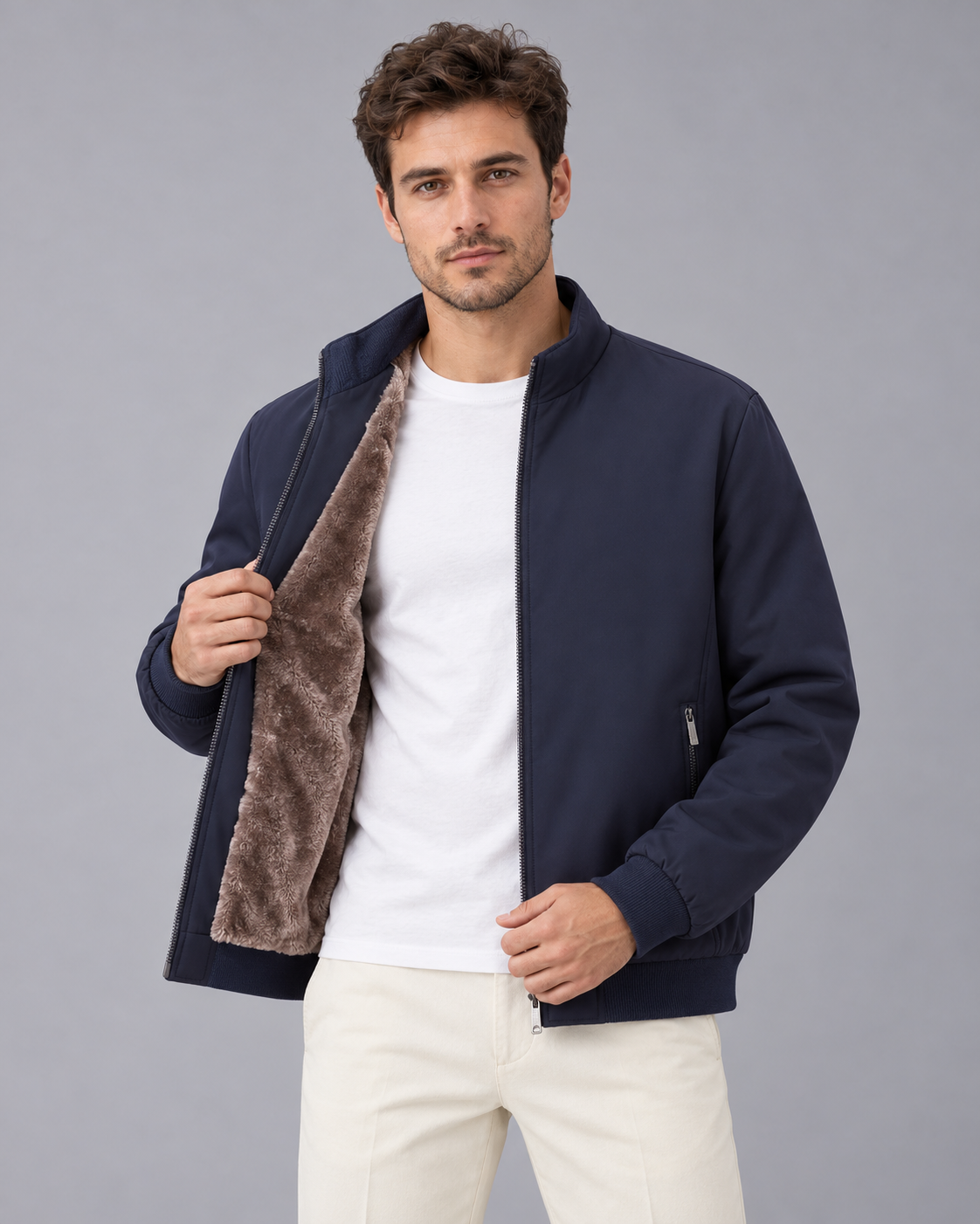 Men's Bomber Jacket with Ribbed Collar