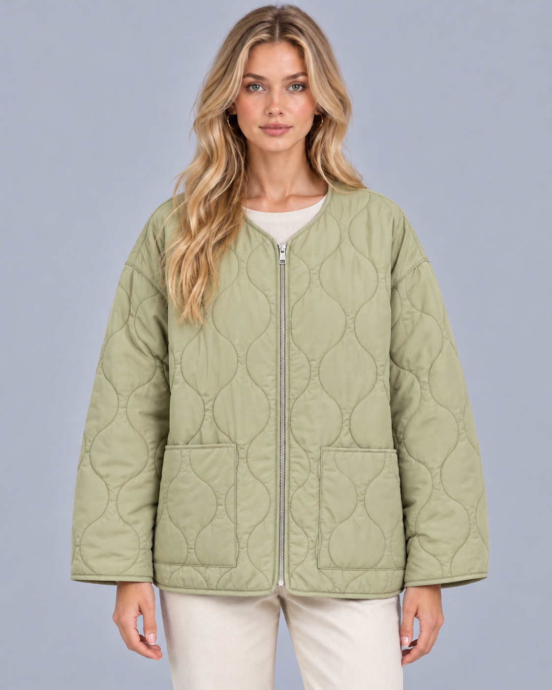 Women's Collarless Quilted Jacket – Lightly Padded, Wave Quilting, Full Zip, Relaxed Fit