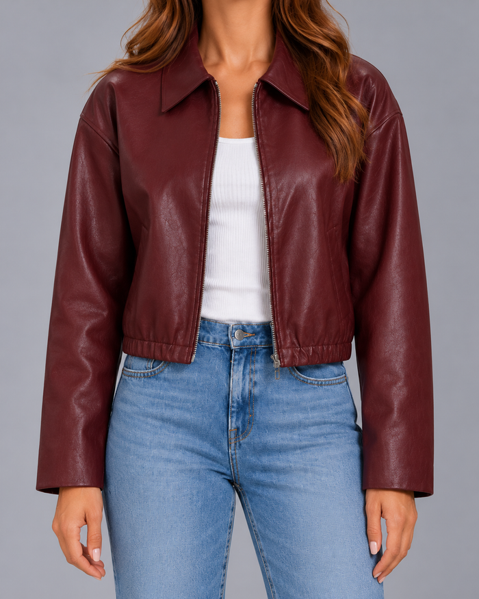 Women's Cropped Faux Leather Biker Jacket – Elasticated Hem, Oversized Collar