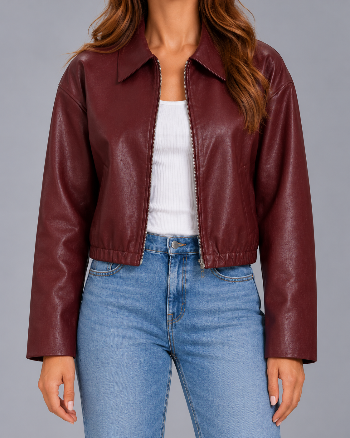 Women's Cropped Faux Leather Biker Jacket – Elasticated Hem, Oversized Collar
