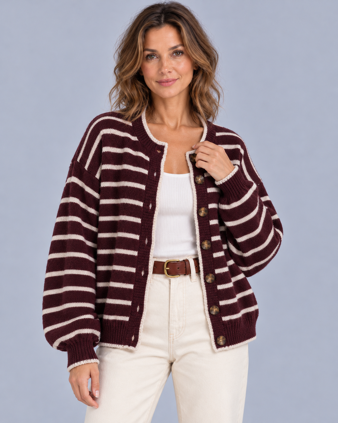 Women's Oversized Striped Button Up Cardigan