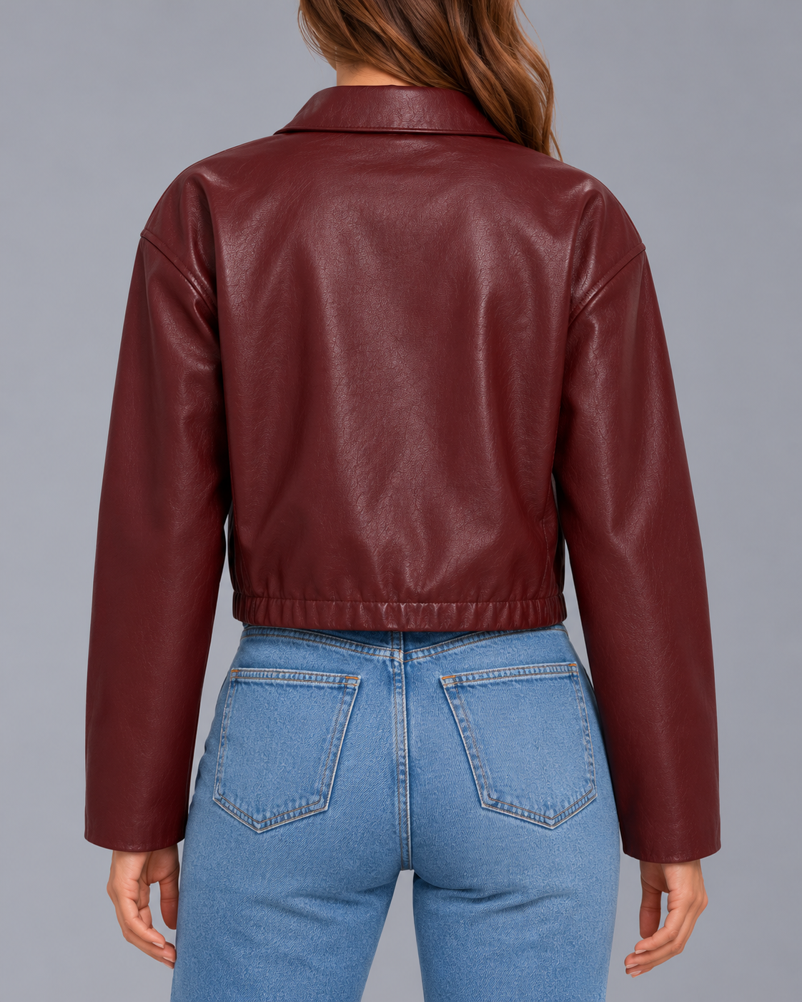 Women's Cropped Faux Leather Biker Jacket – Elasticated Hem, Oversized Collar