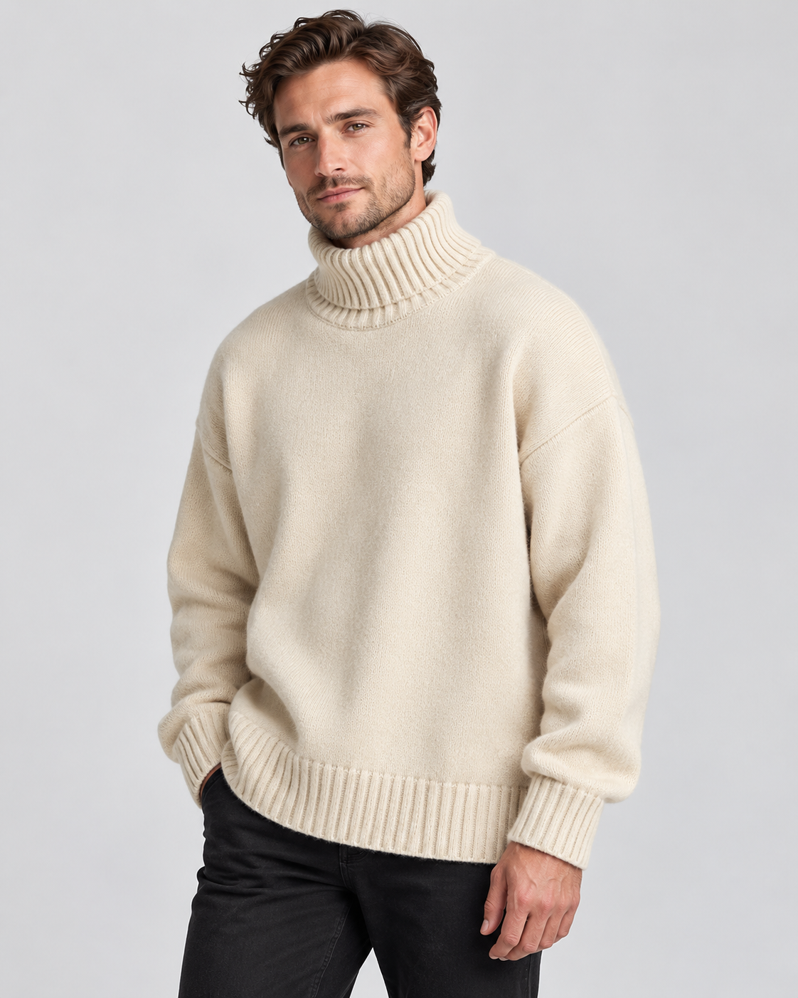 Men's Oversized Roll Neck Jumper – Soft Knit Turtleneck with Dropped Shoulders