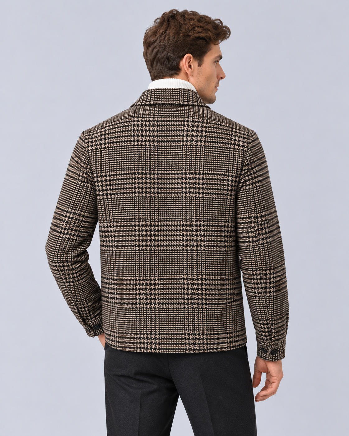 Men's Check Overshirt Jacket in Wool-Blend – Houndstooth Check, Flap Chest Pockets, Button Front