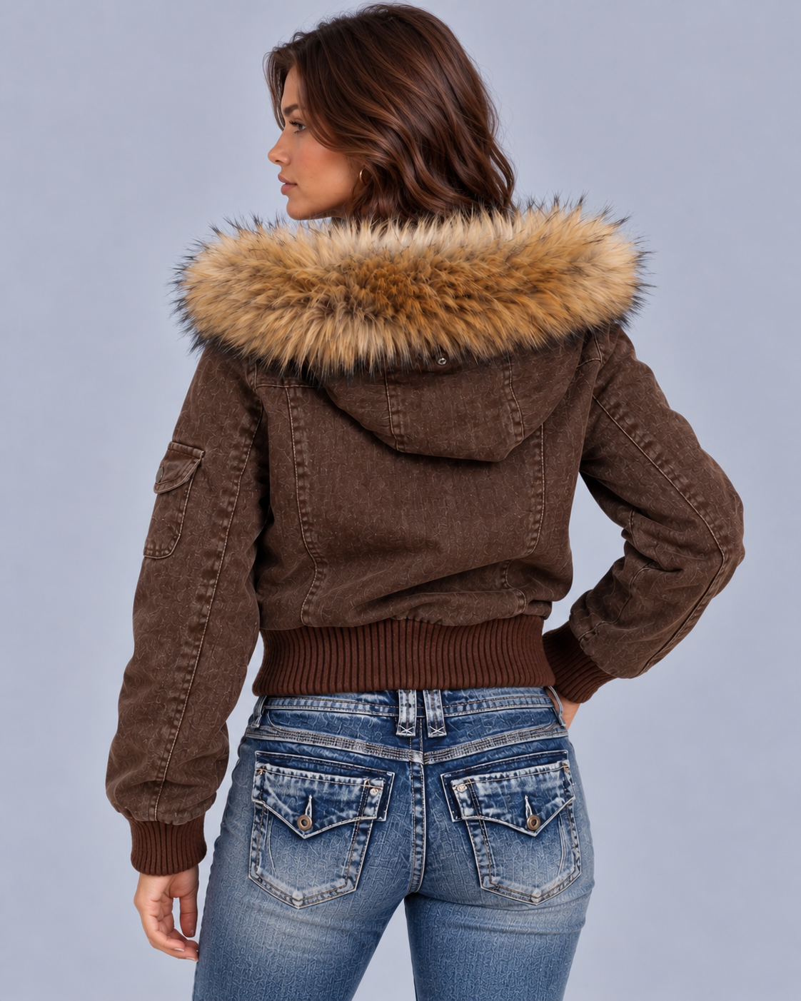 Women's Faux Fur Hooded Denim Bomber Jacket