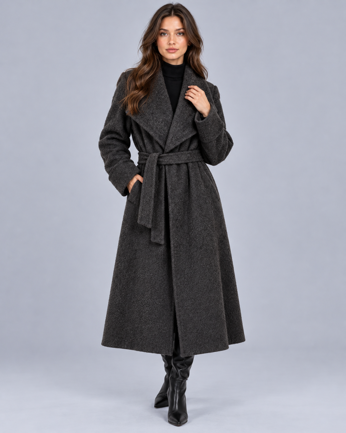 Women's Wool Blend Belted Wrap Coat – Oversized Shawl Lapels, Relaxed Extra-Long Fit