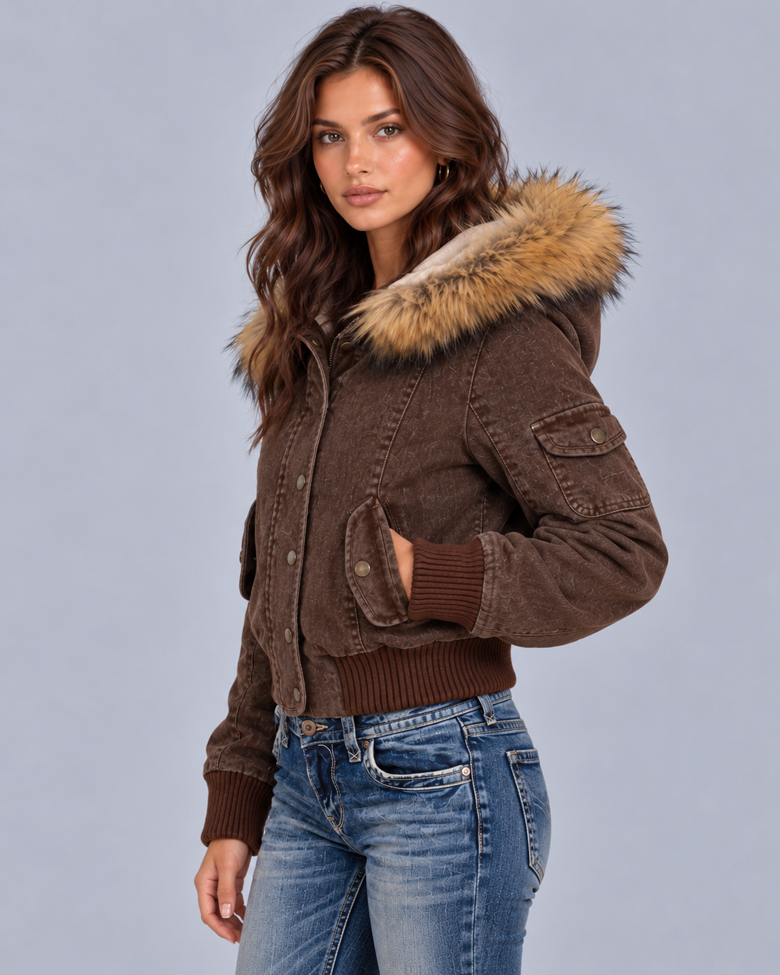Women's Faux Fur Hooded Denim Bomber Jacket