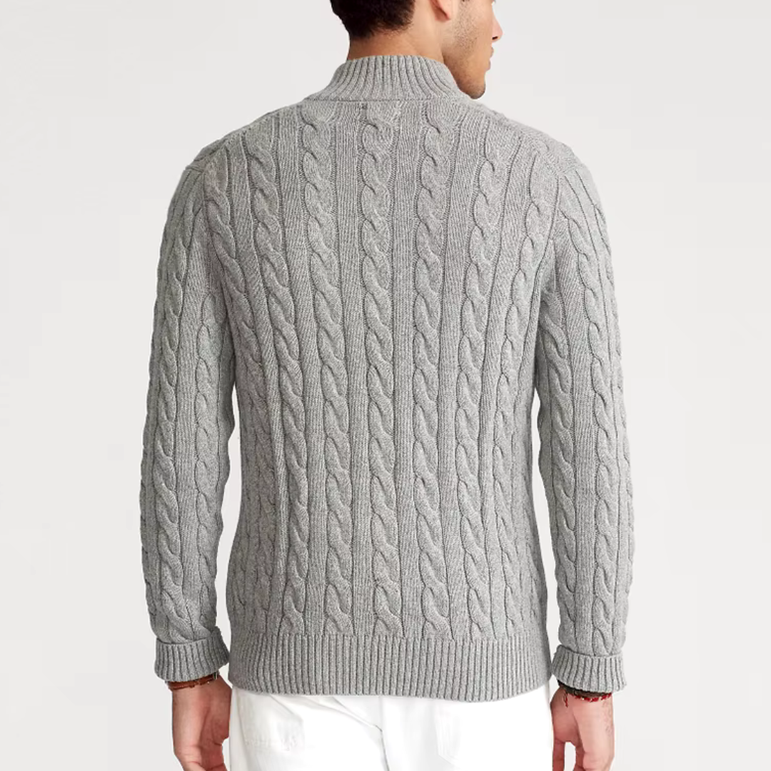 Men's Half Zip Jumper – Cable Knit Cotton, High Collar