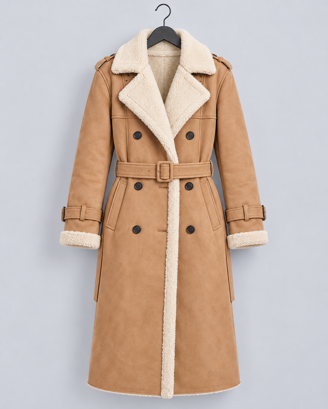Women's Longline Aviator Coat – Faux Leather-Look Winter Coat with Borg Trim & Belt
