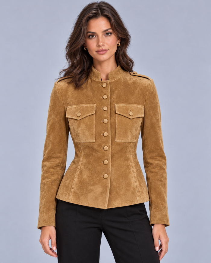 Women's Fitted Suede Jacket with Epaulettes