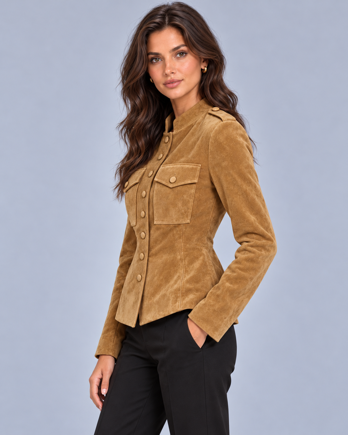 Women's Fitted Suede Jacket with Epaulettes