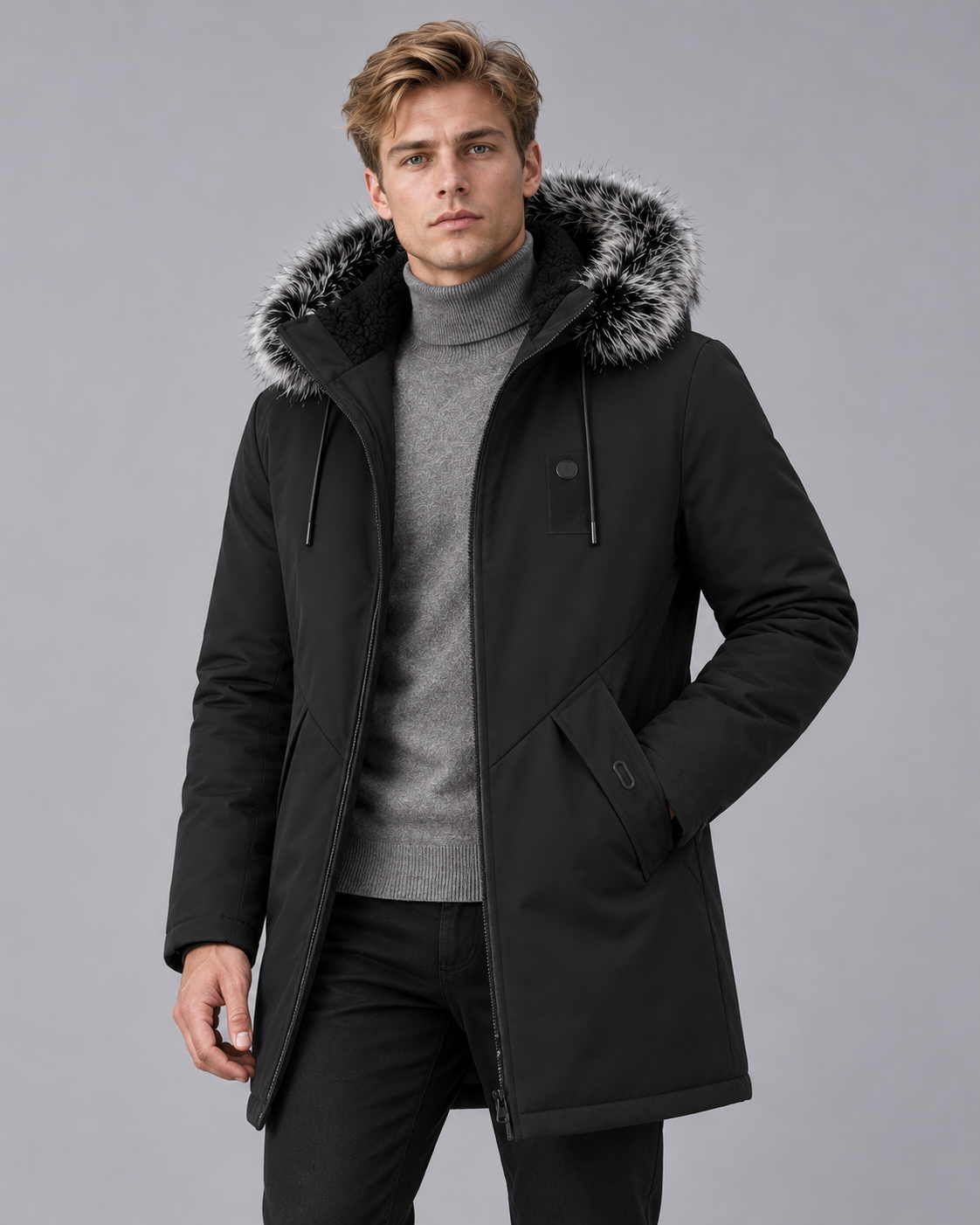 Men's Parka Long Jacket | Fleece Lined with Fur Hood