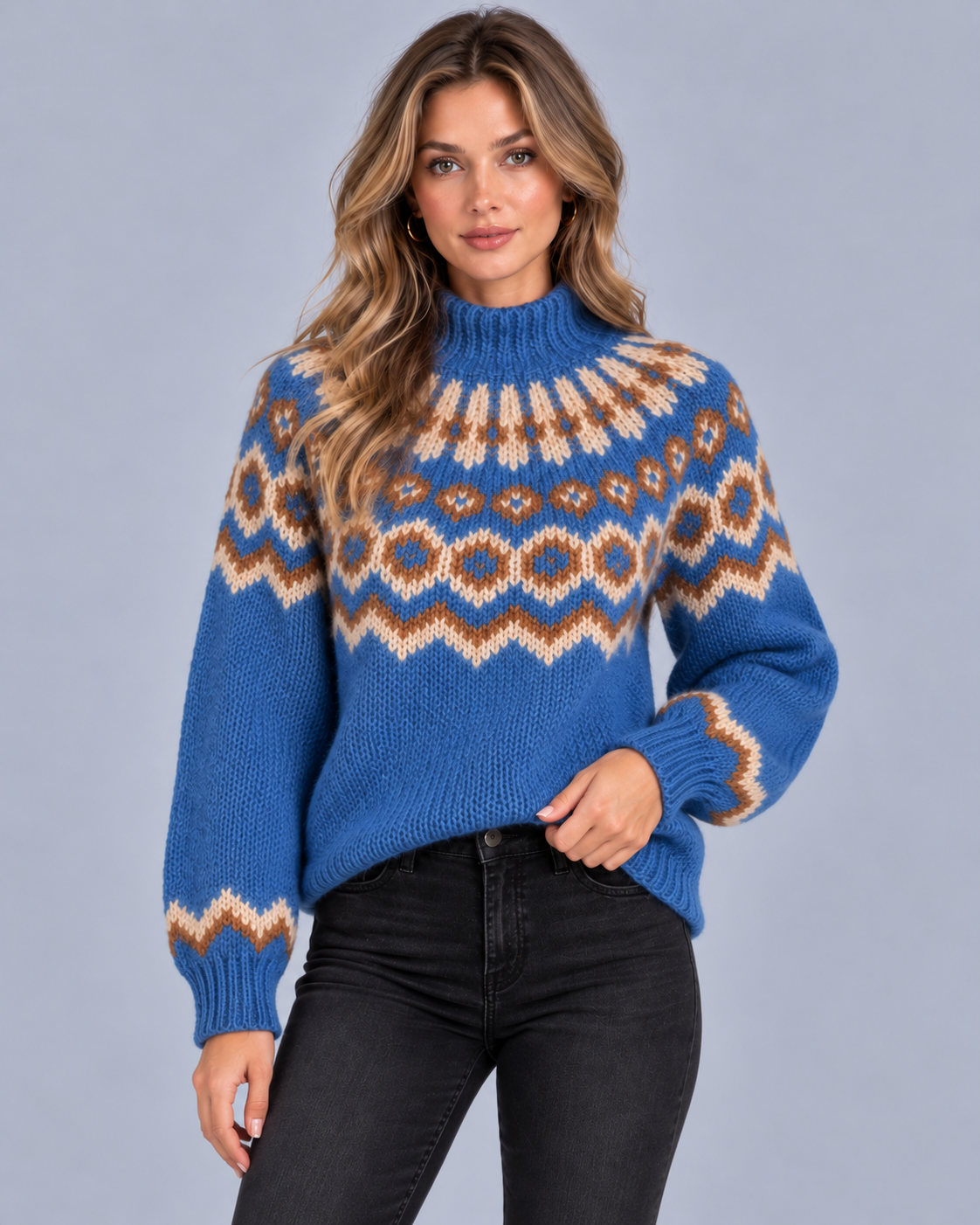 Women's Chunky Fair Isle Jumper with High Neck Collar