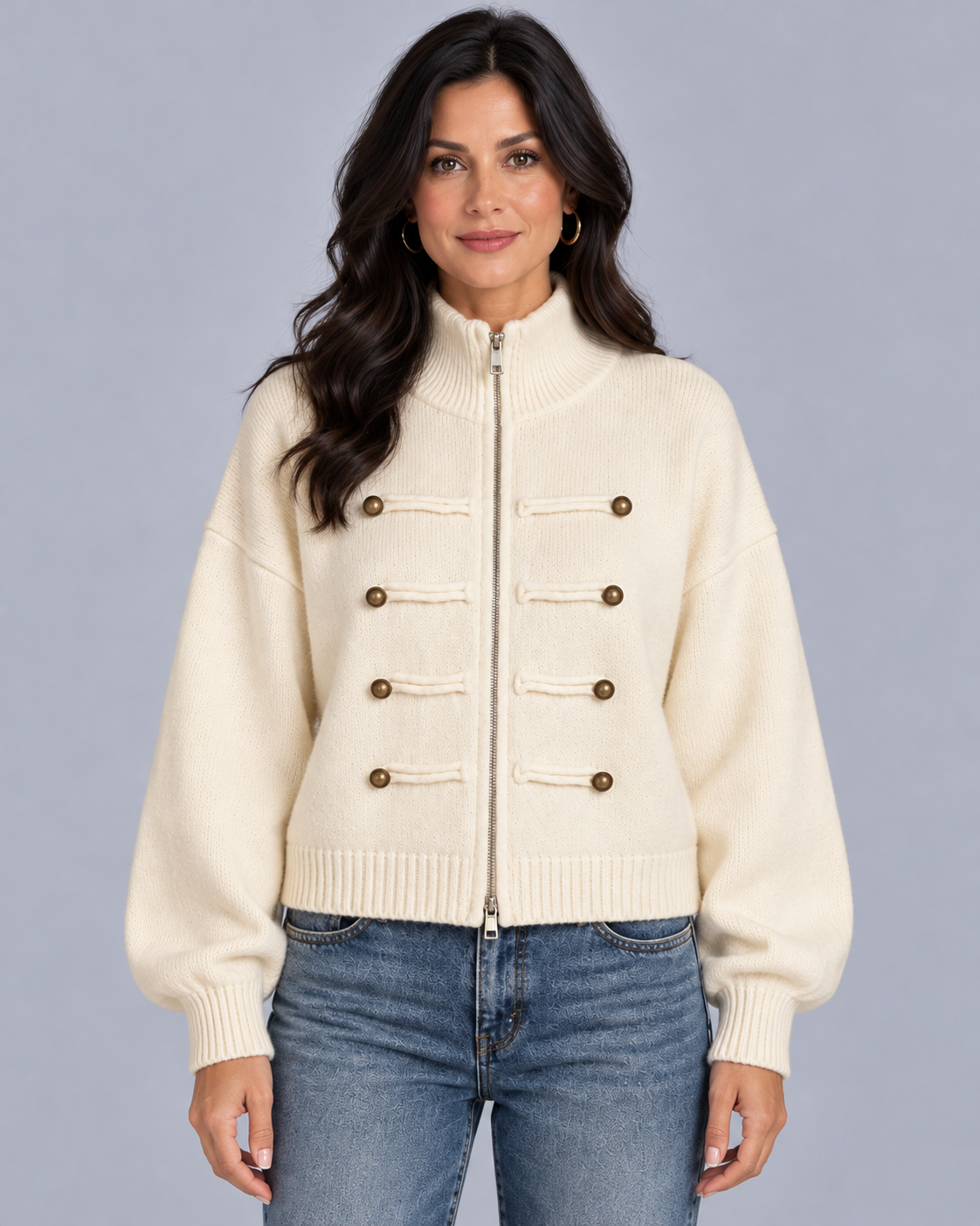 Women's Military Zip-Up Knit Cardigan | Funnel Neck Jacket with Dropped Shoulders