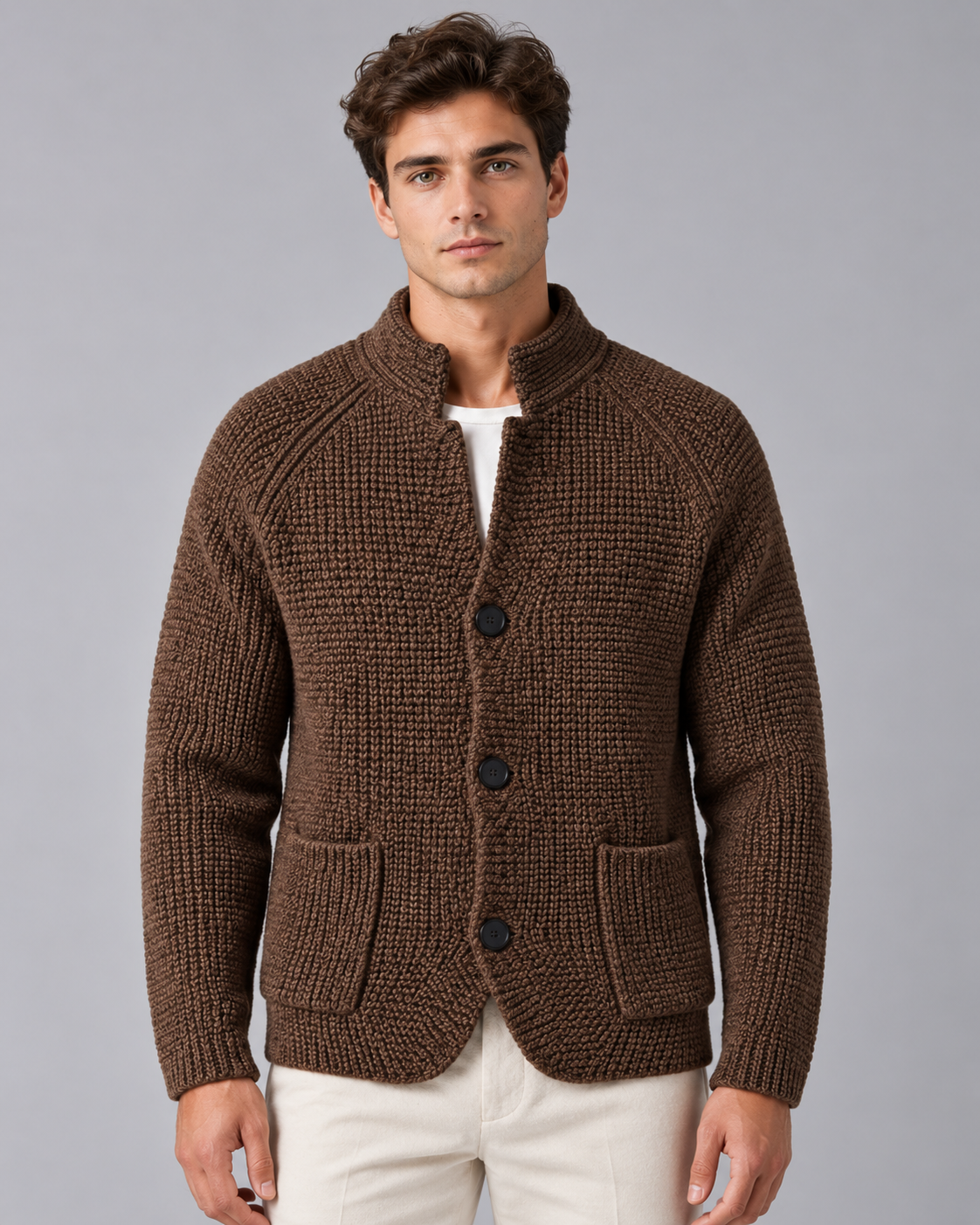 Men's Chunky Knit Cardigan – Stand Collar, Button Front