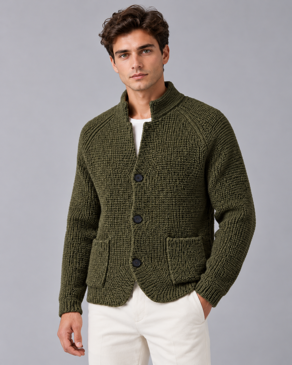 Men's Chunky Knit Cardigan – Stand Collar, Button Front