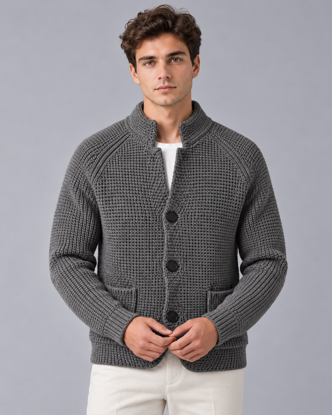 Men's Chunky Knit Cardigan – Stand Collar, Button Front