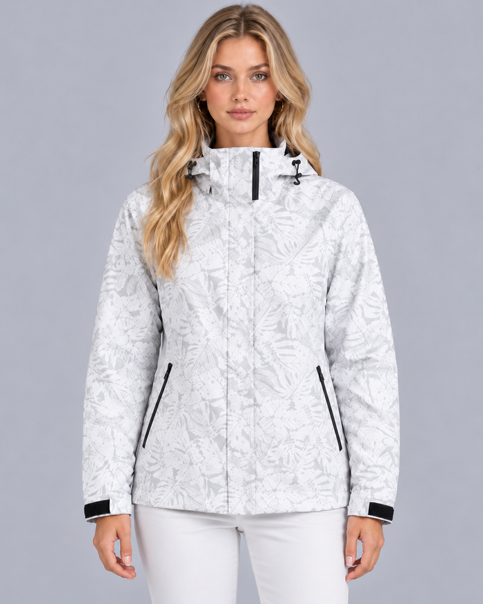Women's Waterproof Hooded Jacket – Leaf Print, Drawstring Waist