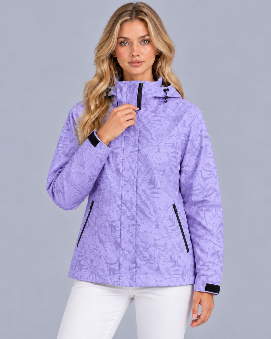 Women's Waterproof Hooded Jacket – Leaf Print, Drawstring Waist