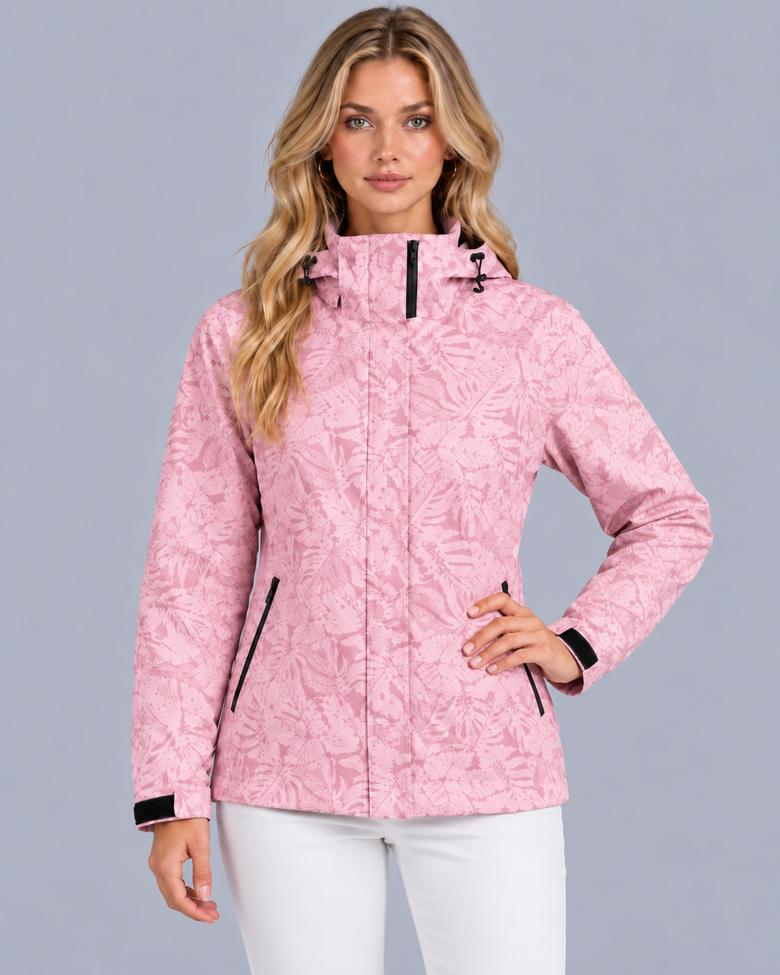 Women's Waterproof Hooded Jacket – Leaf Print, Drawstring Waist