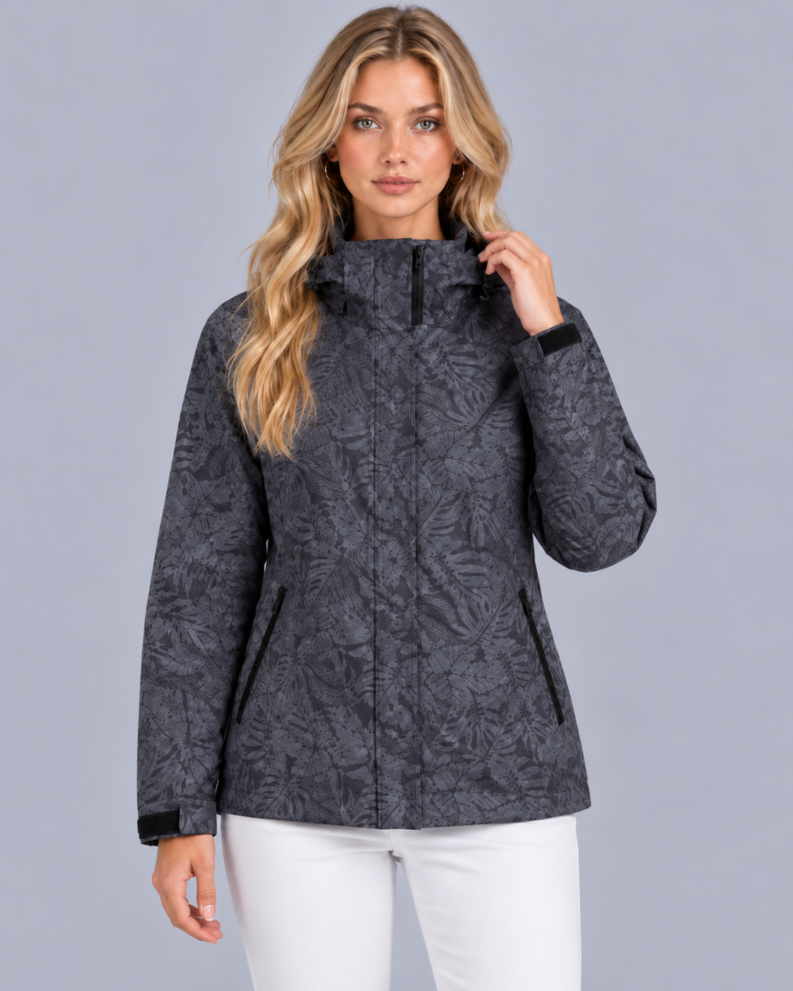 Women's Waterproof Hooded Jacket – Leaf Print, Drawstring Waist