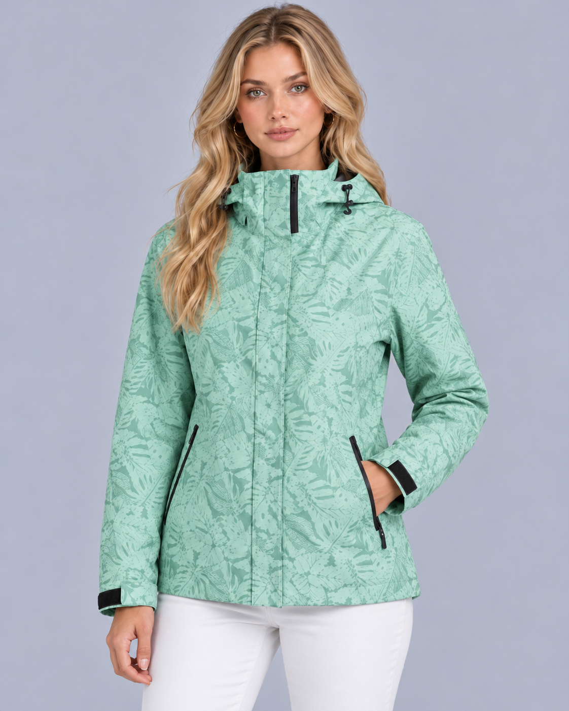 Women's Waterproof Hooded Jacket – Leaf Print, Drawstring Waist