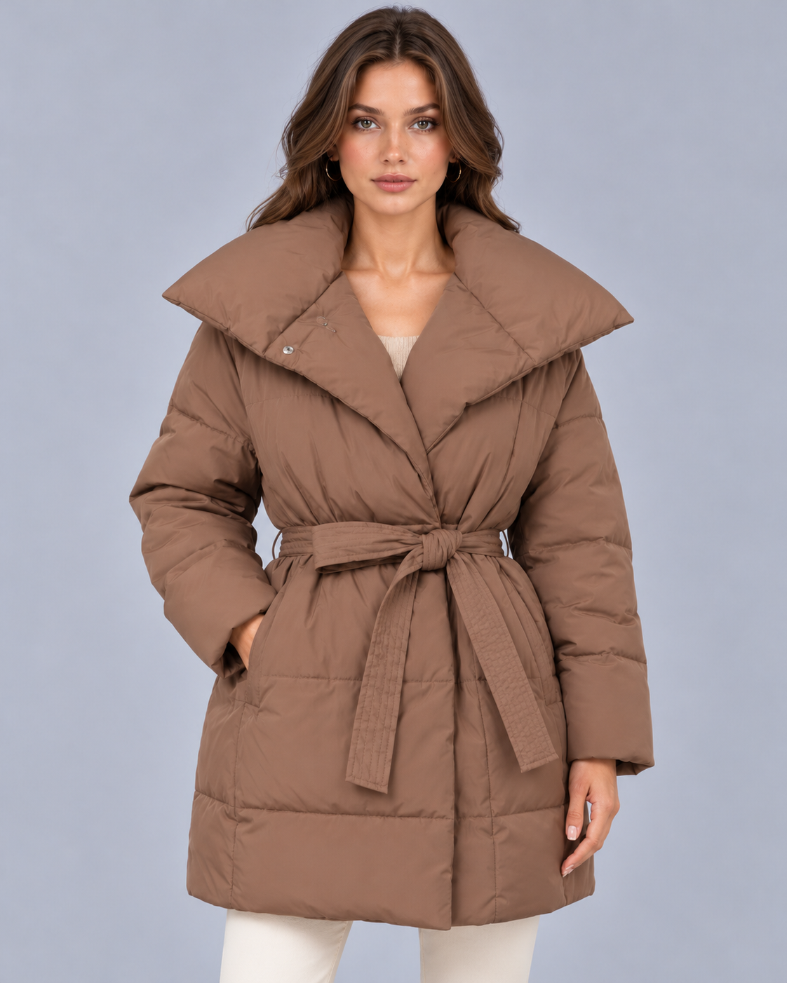 Women's Belted Puffer Jacket – Quilted, Full Zip, Regular Fit