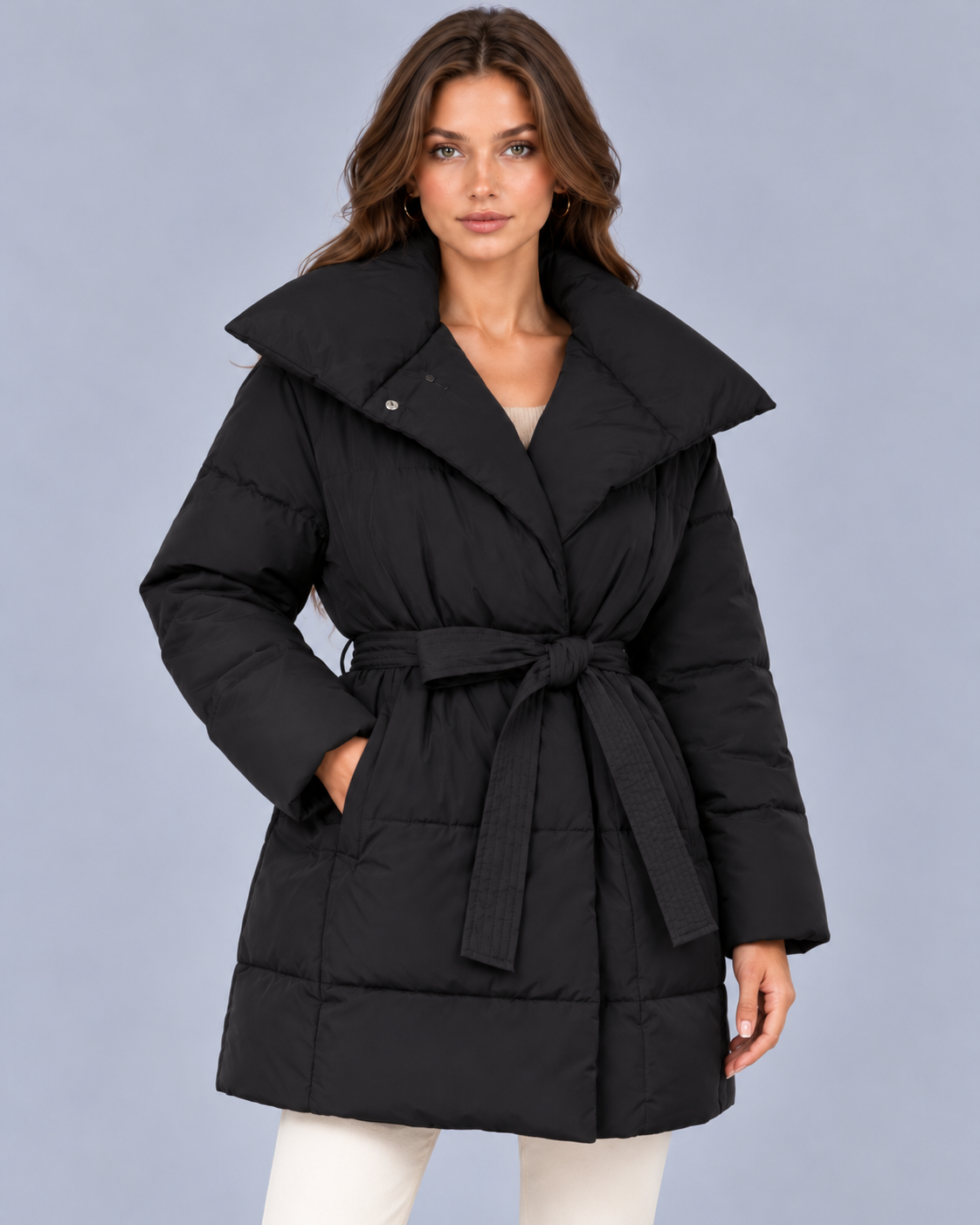 Women's Belted Puffer Jacket – Quilted, Full Zip, Regular Fit