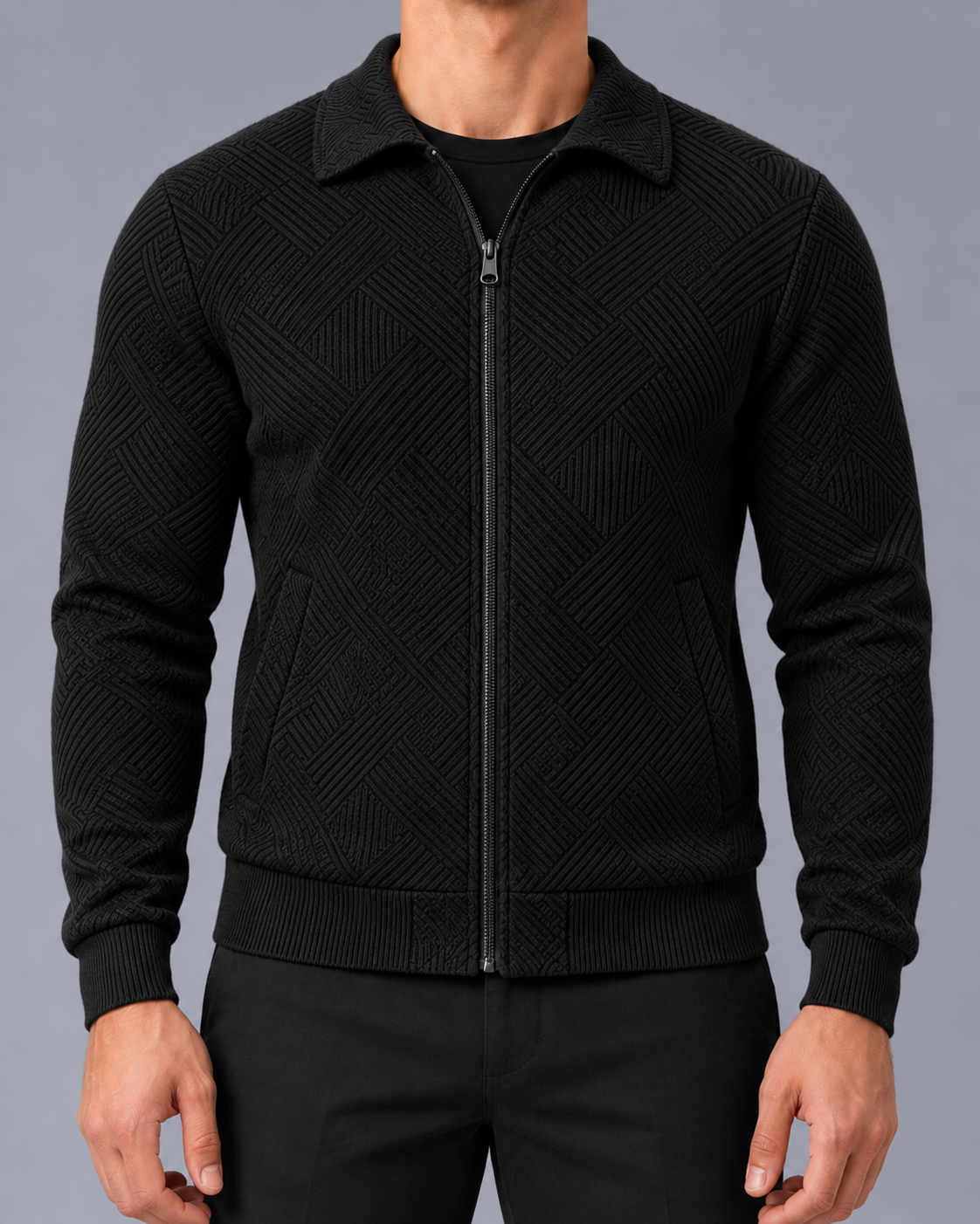 Men's Textured Zip-Up Jacket with Collar