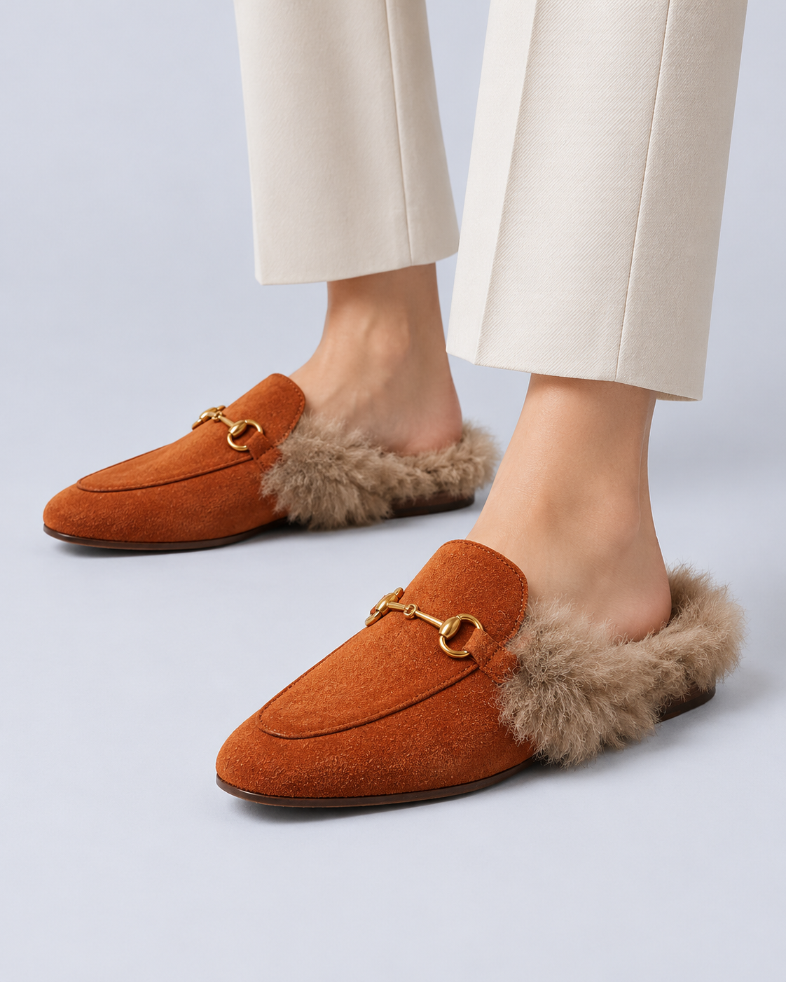 Women's Fur-Lined Suede Mules with Horsebit Detail