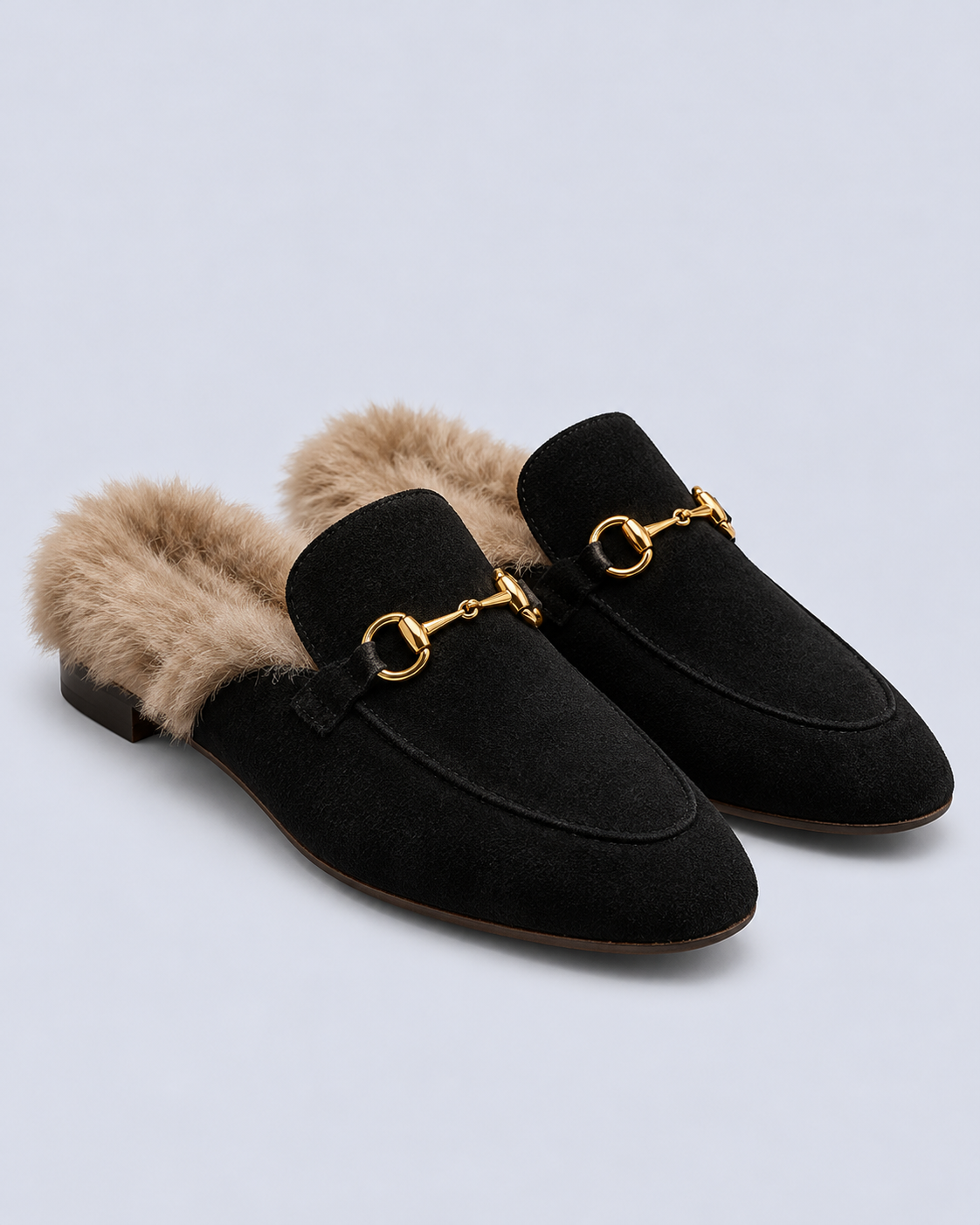 Women's Fur-Lined Suede Mules with Horsebit Detail