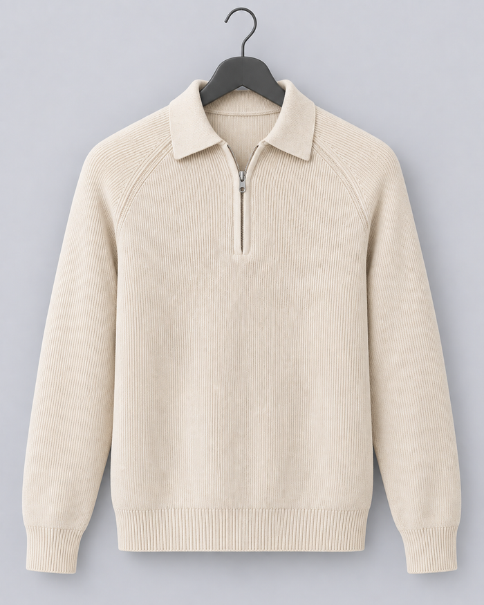 Men's Knitted Quarter-Zip Sweater with Collar and Raglan Sleeves