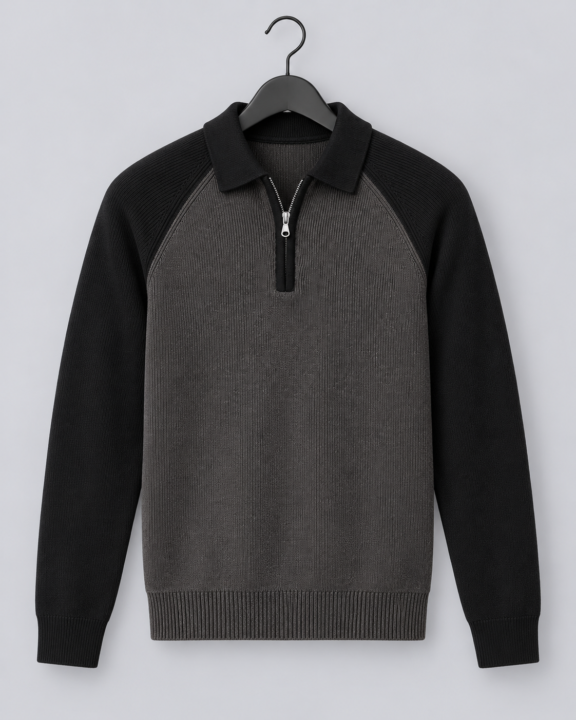 Men's Knitted Quarter-Zip Sweater with Collar and Raglan Sleeves