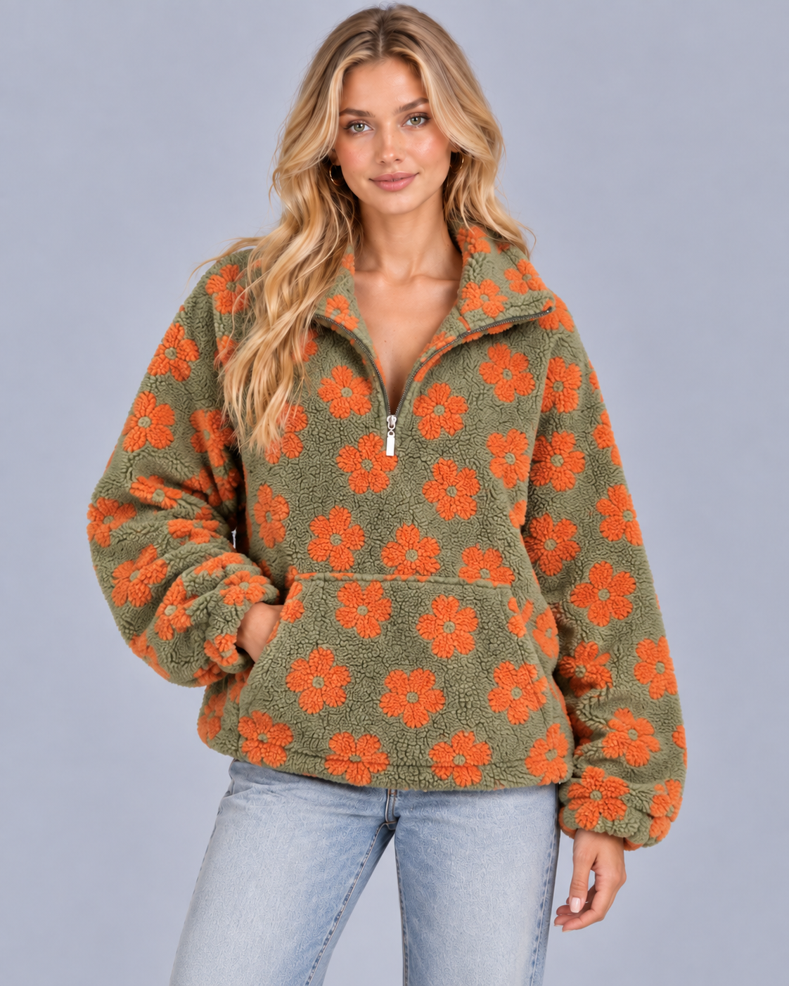 Women's Sherpa Fleece Oversized Sweater | Cozy Floral Bohemian Pullover