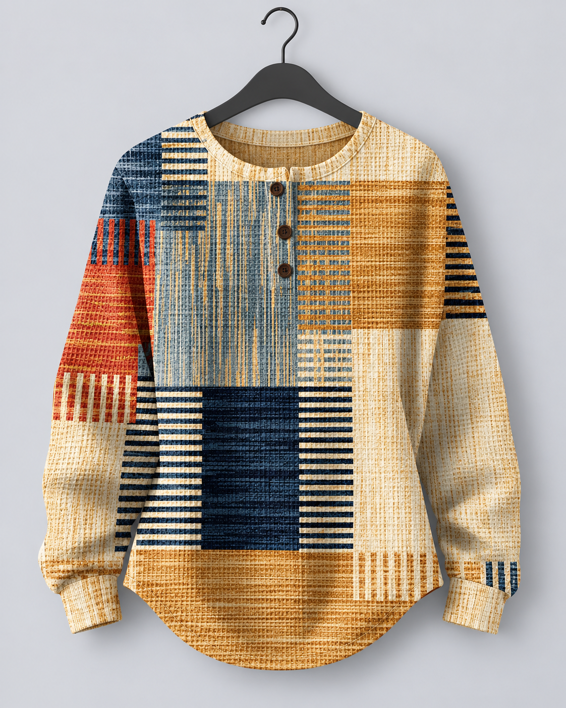 Women's Waffle Knit Pullover Sweater | Cozy Colour Block Henley for Autumn Winter