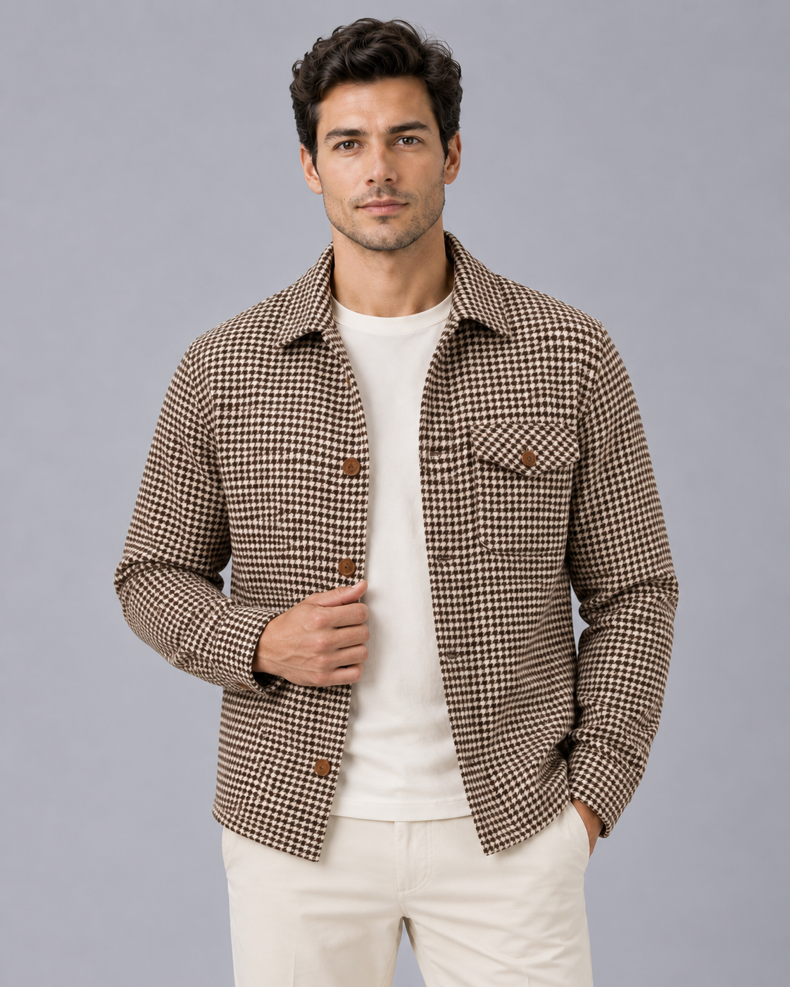 Men's Houndstooth Overshirt – Button-Up Shirt Jacket with Flap Chest Pocket, Regular Fit
