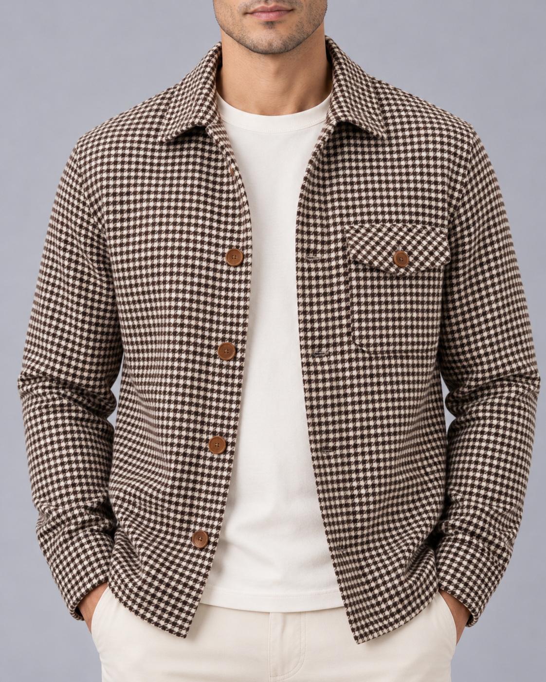 Men's Houndstooth Overshirt – Button-Up Shirt Jacket with Flap Chest Pocket, Regular Fit