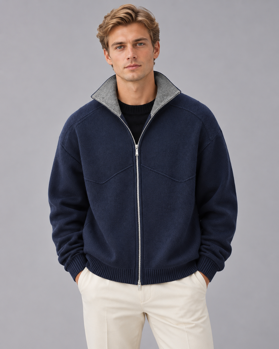 Men's Knitted Zip Cardigan – Stand Collar with Contrast Facing, Full Zip, Ribbed Cuffs, Relaxed Fit